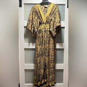 Elegant Silk Gold and Black Maxi Dress made in India. (fits size Small - 3X)